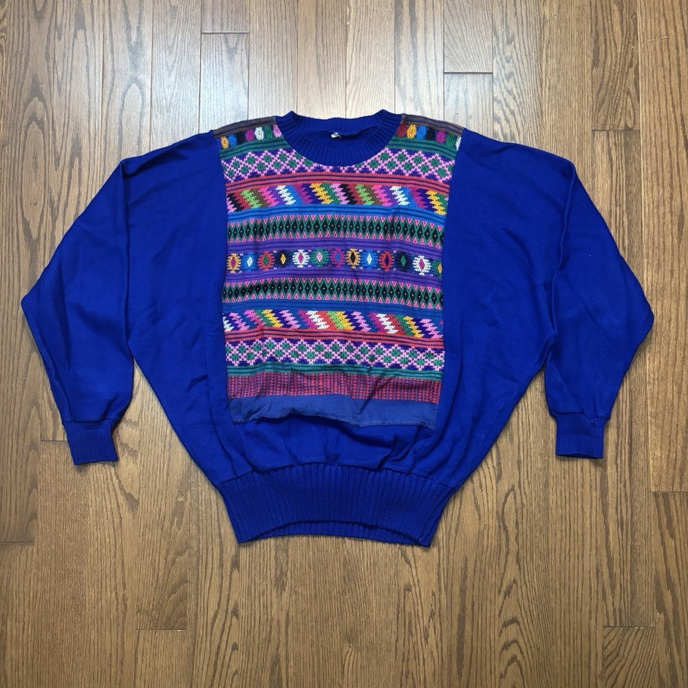 Vintage 80s Knit Sweater Women's Large 40 Ski Apres Winter Pattern Rainbow Blue